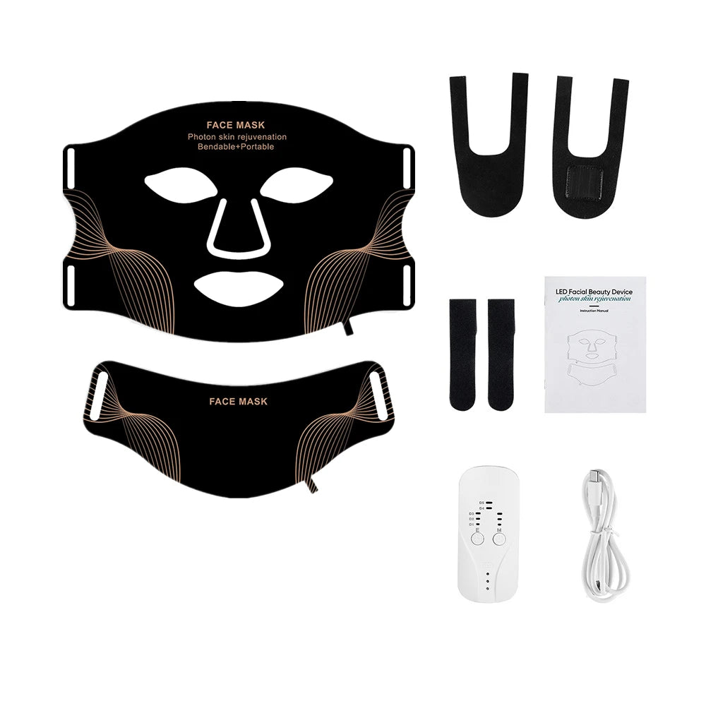 Masque LED visage et cou en silicone, luminothérapie 7 couleurs — accessoires fournis
